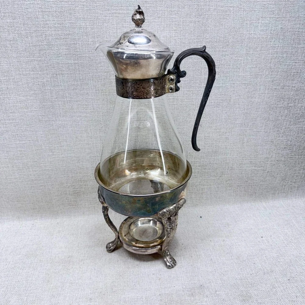 Sheridan Silver Plated Glass Coffee Carafe Decanter with Warmer Stand Vintage